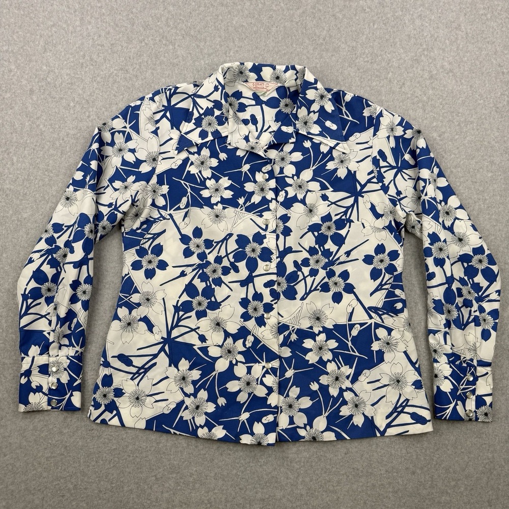 Vintage H Bar C Shirt Womens 40 White Blue Floral 70s Pearl Snap Blouse USA Made